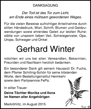 Traueranzeige von Gerhard Winter von Mitteldeutsche Zeitung Weißenfels