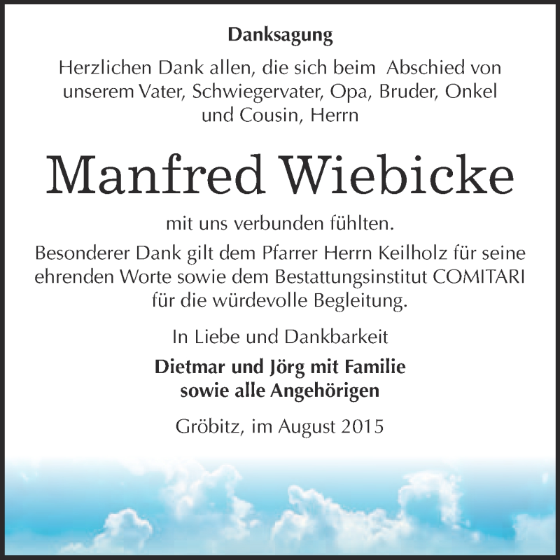  Traueranzeige für Manfred Wiebicke vom 26.08.2015 aus WVG - Wochenspiegel NMB / WSF / ZTZ