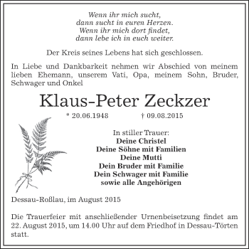 Traueranzeige von Klaus-Peter Zeckzer von WVG - Wochenspiegel Dessau / Köthen