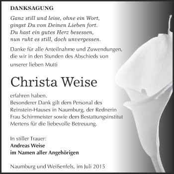 Traueranzeige von Christa Weise von WVG - Wochenspiegel NMB / WSF / ZTZ