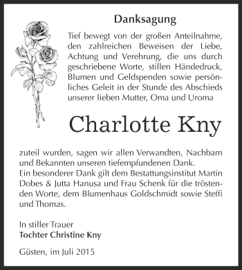Traueranzeige von Charlotte Kny von Super Sonntag Bernburg