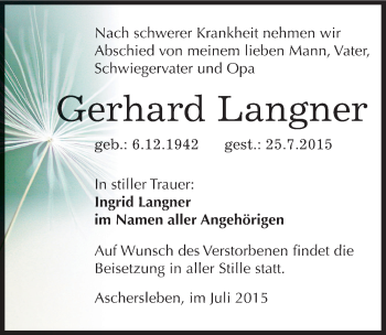 Traueranzeige von Gerhard Langner von Mitteldeutsche Zeitung Aschersleben