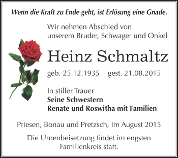 Traueranzeige von Heinz Schmaltz von Super Sonntag Zeitz
