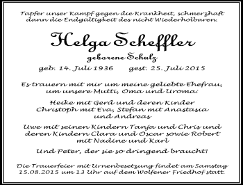 Traueranzeige von Helga Scheffler von Mitteldeutsche Zeitung Bitterfeld