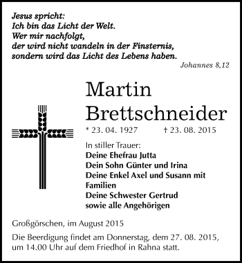 Traueranzeige von Martin Brettschneider von Mitteldeutsche Zeitung Weißenfels