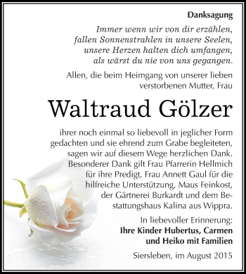 Traueranzeige von Waltraud Gölzer von Super Sonntag SGH Mansf. Land