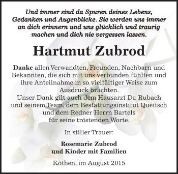 Traueranzeige von Hartmut Zubrod von Mitteldeutsche Zeitung Köthen