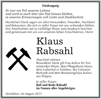 Traueranzeige von Klaus Rabsahl von Mitteldeutsche Zeitung Mansfelder Land