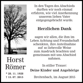 Traueranzeige von Horst Römer von WVG - Wochenspiegel SGH