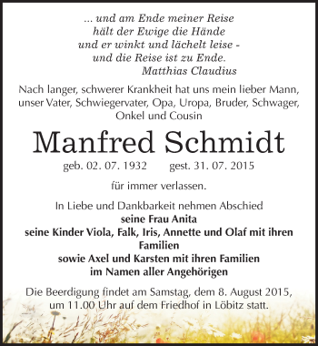 Traueranzeige von Manfred Schmidt von Mitteldeutsche Zeitung Naumburg/Nebra