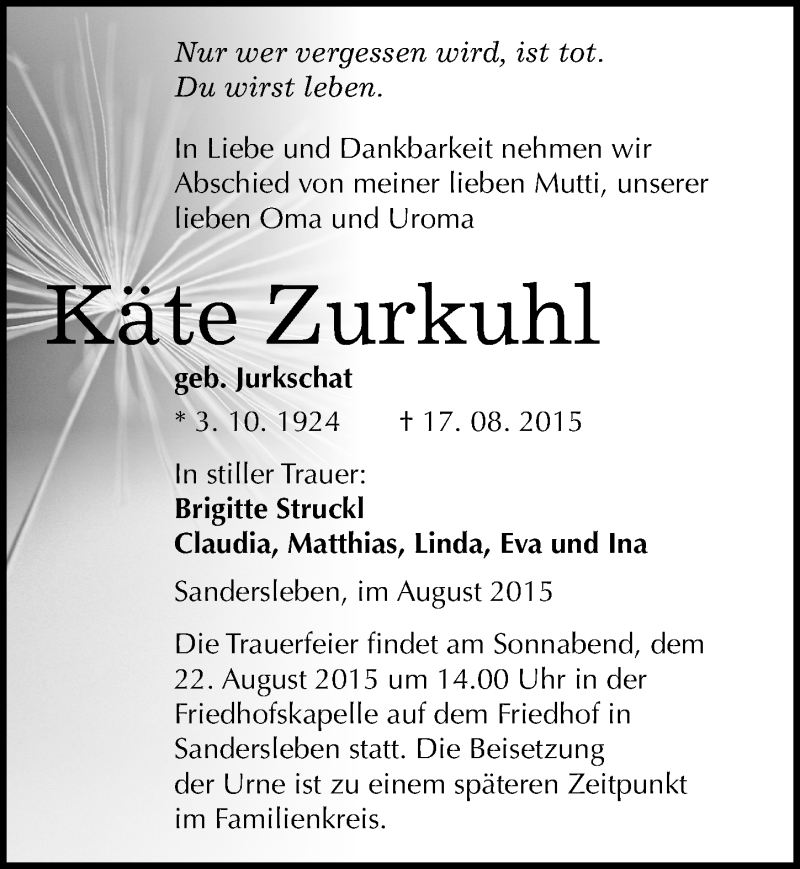 Traueranzeige für Käte Zurkuhl vom 19.08.2015 aus Mitteldeutsche Zeitung Mansfelder Land