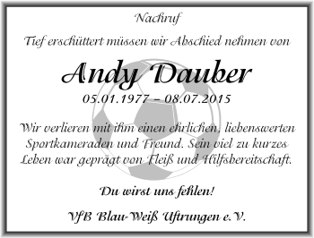Traueranzeige von Andy Dauber von Mitteldeutsche Zeitung Sangerhausen