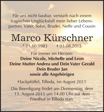Traueranzeige von Marco Kürschner von Mitteldeutsche Zeitung Sangerhausen