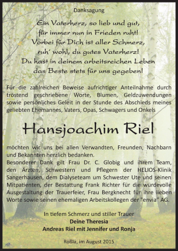 Traueranzeige von Hansjoachim Riel von Mitteldeutsche Zeitung Sangerhausen