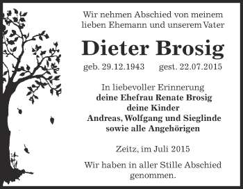 Traueranzeige von Dieter Brosig von Super Sonntag Zeitz