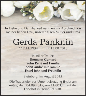 Traueranzeige von Gerda Panknin von WVG - Wochenspiegel NMB / WSF / ZTZ