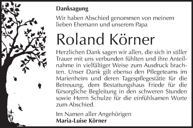  Traueranzeige für Roland Körner vom 01.08.2015 aus WVG - Wochenspiegel Dessau / Köthen