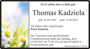 Traueranzeige von Thomas Kadziela von Super Sonntag Quedlinburg