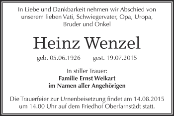 Traueranzeige von Heinz Wenzel von WVG - Wochenspiegel Merseburg