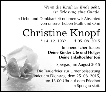 Traueranzeige von Christine Knopf von Mitteldeutsche Zeitung Merseburg/Querfurt