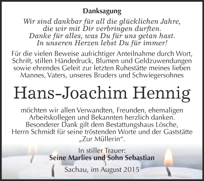  Traueranzeige für Hans-Joachim Hennig vom 22.08.2015 aus WVG - Wochenspiegel Wittenberg
