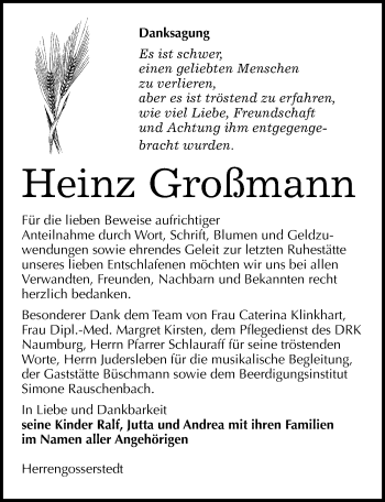 Traueranzeige von Heinz Großmann von Mitteldeutsche Zeitung Naumburg/Nebra
