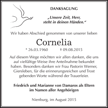 Traueranzeige von Cornelia von Damaros von Super Sonntag Bernburg