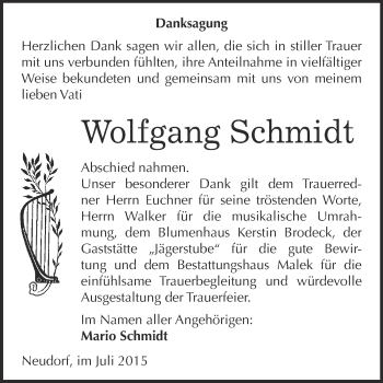 Traueranzeige von Wolfgang Schmidt von WVG - Wochenspiegel Quedlinburg
