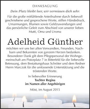 Traueranzeige von Adelheid Günther von WVG - Wochenspiegel Bitterfeld