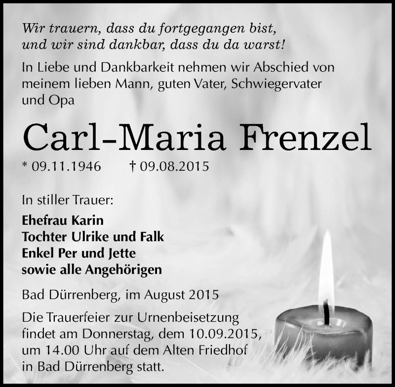  Traueranzeige für Carl Maria Frenzel vom 13.08.2015 aus Mitteldeutsche Zeitung Merseburg/Querfurt