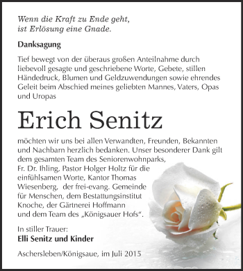 Traueranzeige von Erich Senitz von Super Sonntag Aschersleben