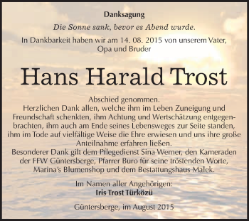 Traueranzeige von Hans Harald Trost von WVG - Wochenspiegel Quedlinburg