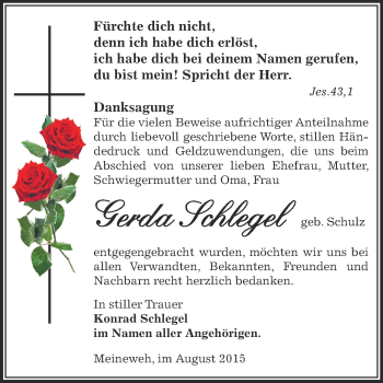 Traueranzeige von Gerda Schlegel von Super Sonntag Zeitz