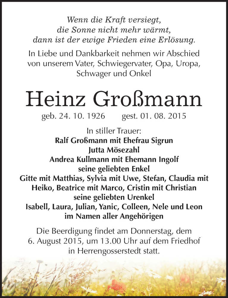  Traueranzeige für Heinz Großmann vom 04.08.2015 aus Mitteldeutsche Zeitung Naumburg/Nebra