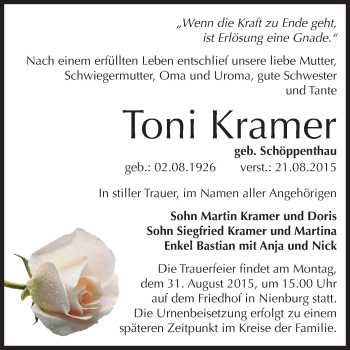 Traueranzeige von Toni Kramer von Super Sonntag Bernburg