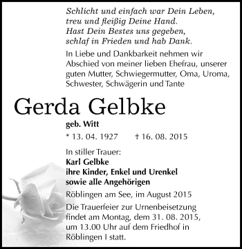 Traueranzeige von Gerda Gelbke von Mitteldeutsche Zeitung Mansfelder Land