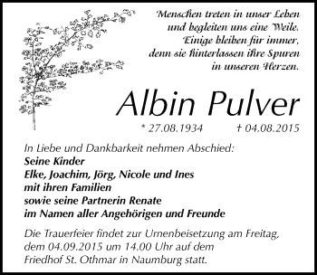 Traueranzeige von Albin Pulver von Mitteldeutsche Zeitung Naumburg/Nebra