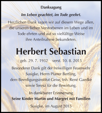 Traueranzeige von Herbert Sebastian von WVG - Wochenspiegel Dessau / Köthen