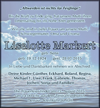 Traueranzeige von Liselotte Markert von Mitteldeutsche Zeitung Dessau-Roßlau