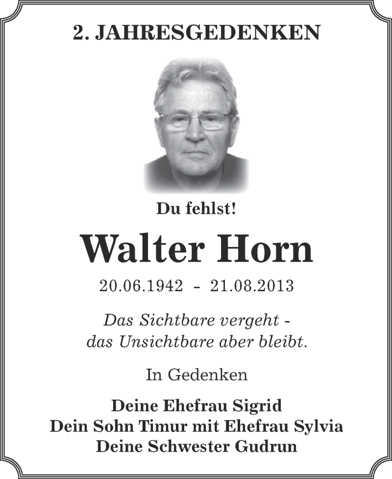  Traueranzeige für Walter Horn vom 19.08.2015 aus WVG - Wochenspiegel Dessau / Köthen