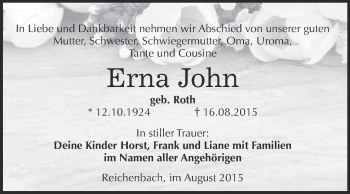Traueranzeige von Erna John von Super Sonntag Merseburg