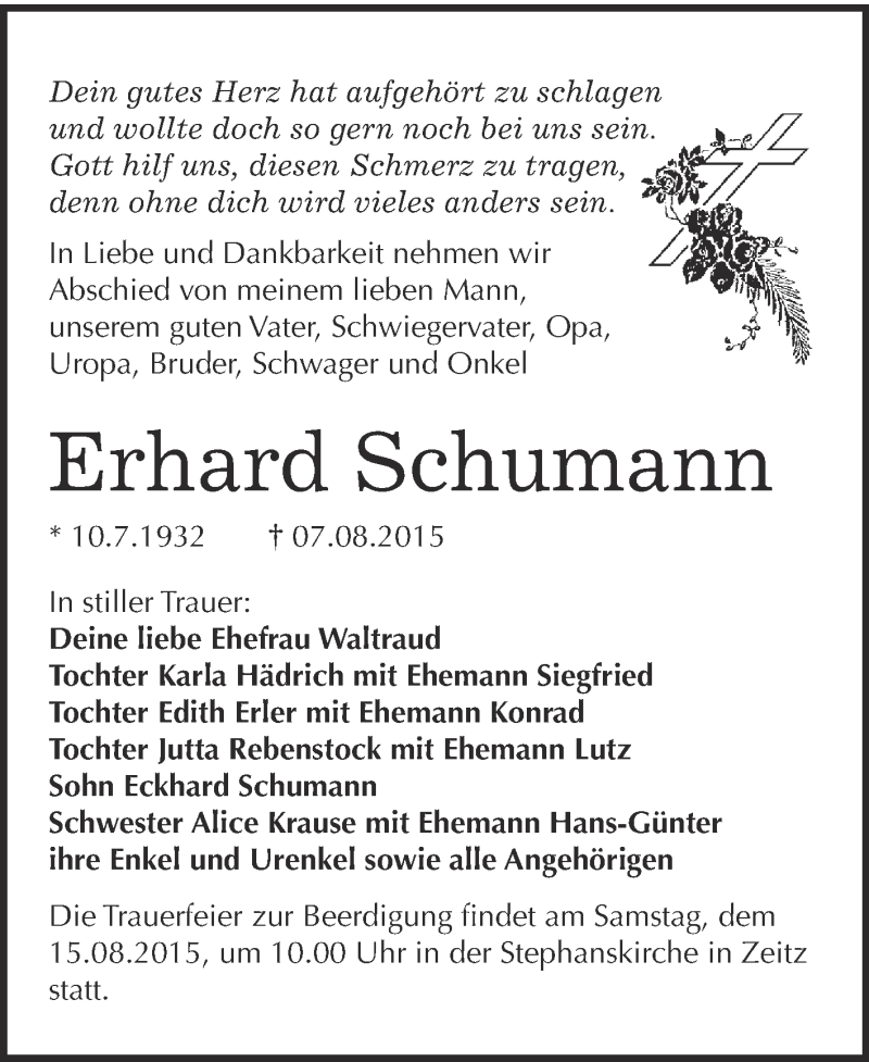  Traueranzeige für Erhard Schumann vom 12.08.2015 aus WVG - Wochenspiegel NMB / WSF / ZTZ