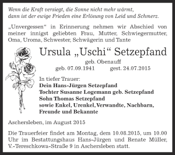 Traueranzeige von Ursula Setzepfand von Super Sonntag Aschersleben