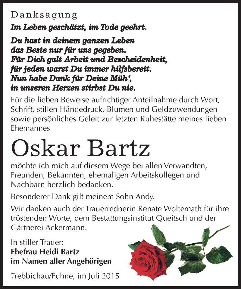  Traueranzeige für Oskar Bartz vom 01.08.2015 aus Mitteldeutsche Zeitung Köthen