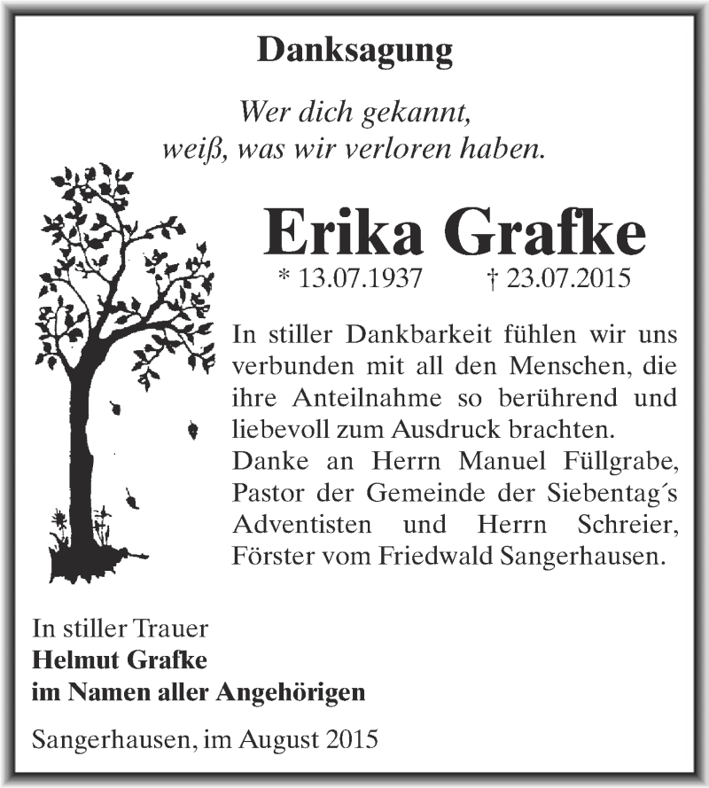  Traueranzeige für Erika Grafke vom 22.08.2015 aus Super Sonntag SGH Mansf. Land