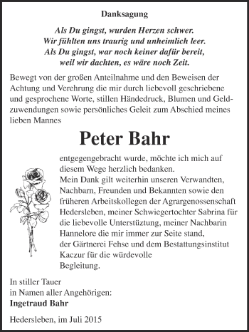 Traueranzeige von Peter Bahr von Super Sonntag Quedlinburg