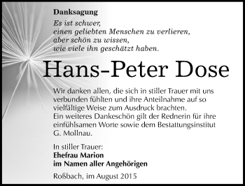 Traueranzeige von Hans-Peter Dose von Mitteldeutsche Zeitung Merseburg/Querfurt