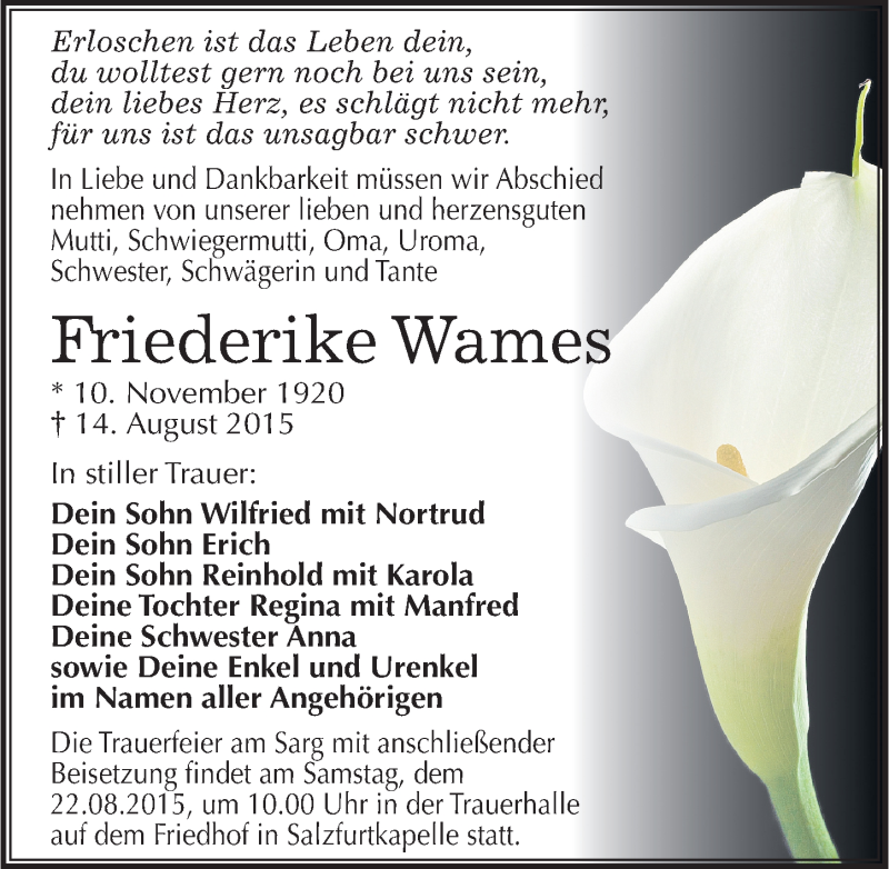  Traueranzeige für Friederike Wames vom 18.08.2015 aus Mitteldeutsche Zeitung Bitterfeld