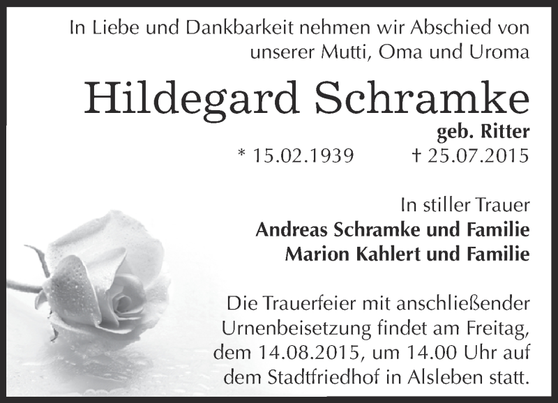  Traueranzeige für Hildegard Schramke vom 01.08.2015 aus Super Sonntag Bernburg
