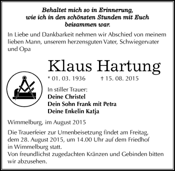 Traueranzeige von Klaus Hartung von Mitteldeutsche Zeitung Mansfelder Land